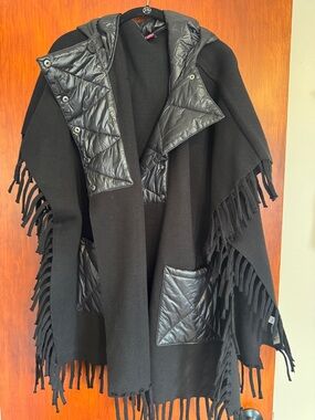 Vince Camuto Black Fringe Poncho with Quilted Trim